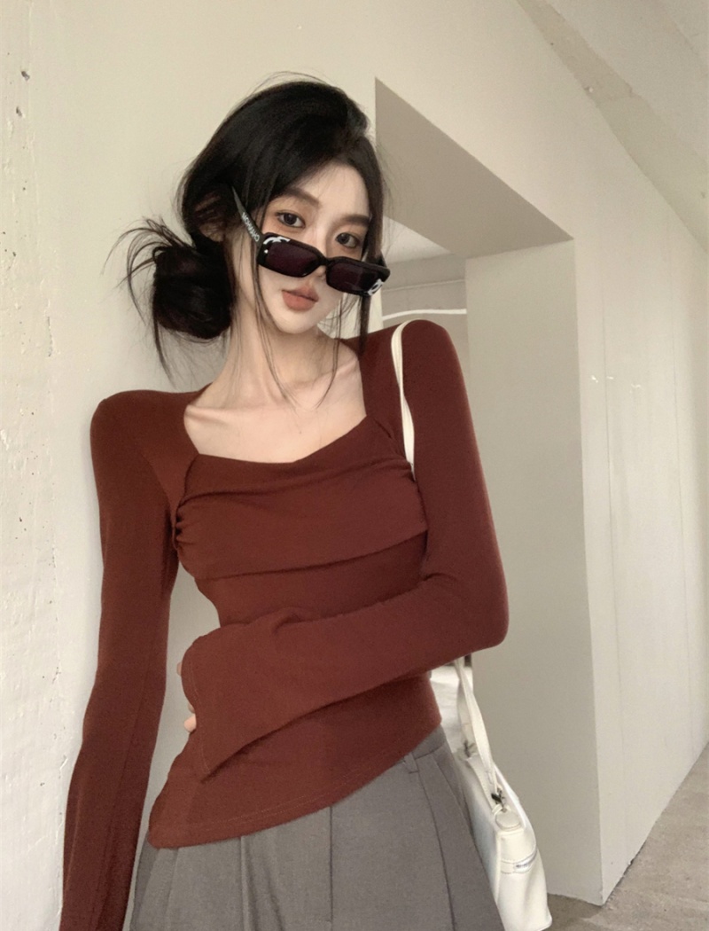 Unique short square collar slim Pseudo-two bottoming T-shirt