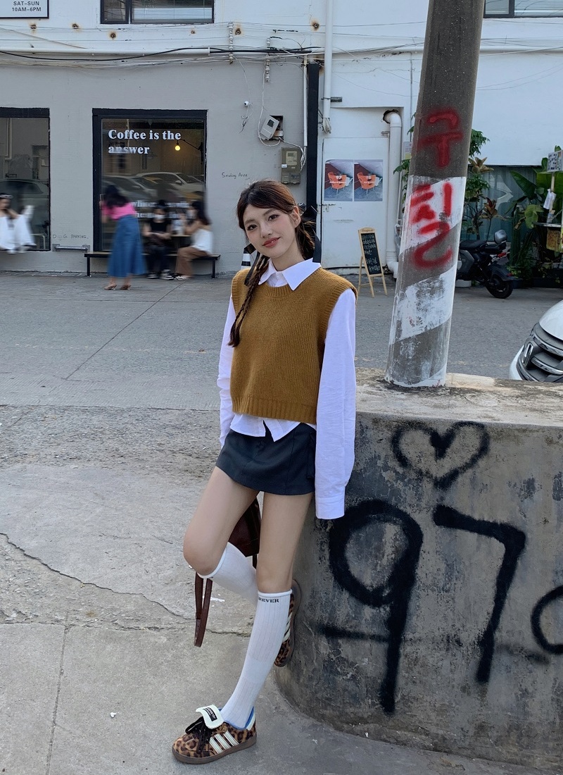 Autumn Korean style shirt knitted sweater a set