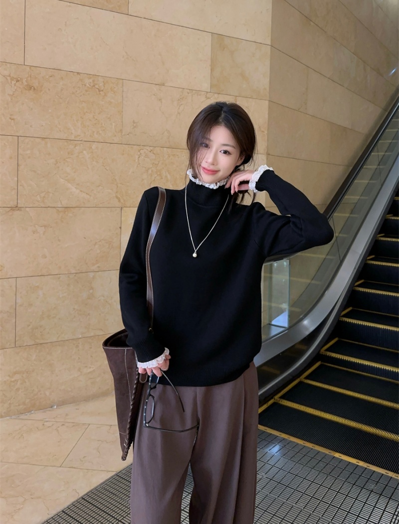 Lace collar knitted tops thermal pit stripe sweater