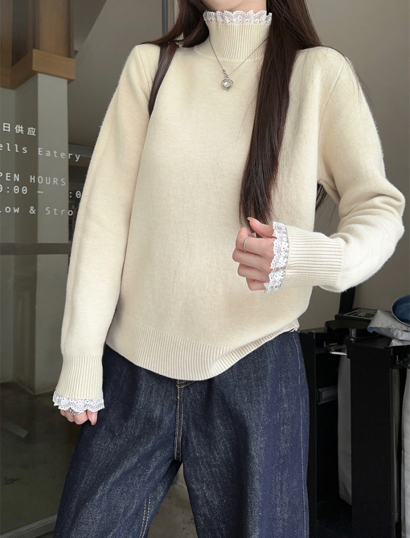 Lace collar knitted tops thermal pit stripe sweater