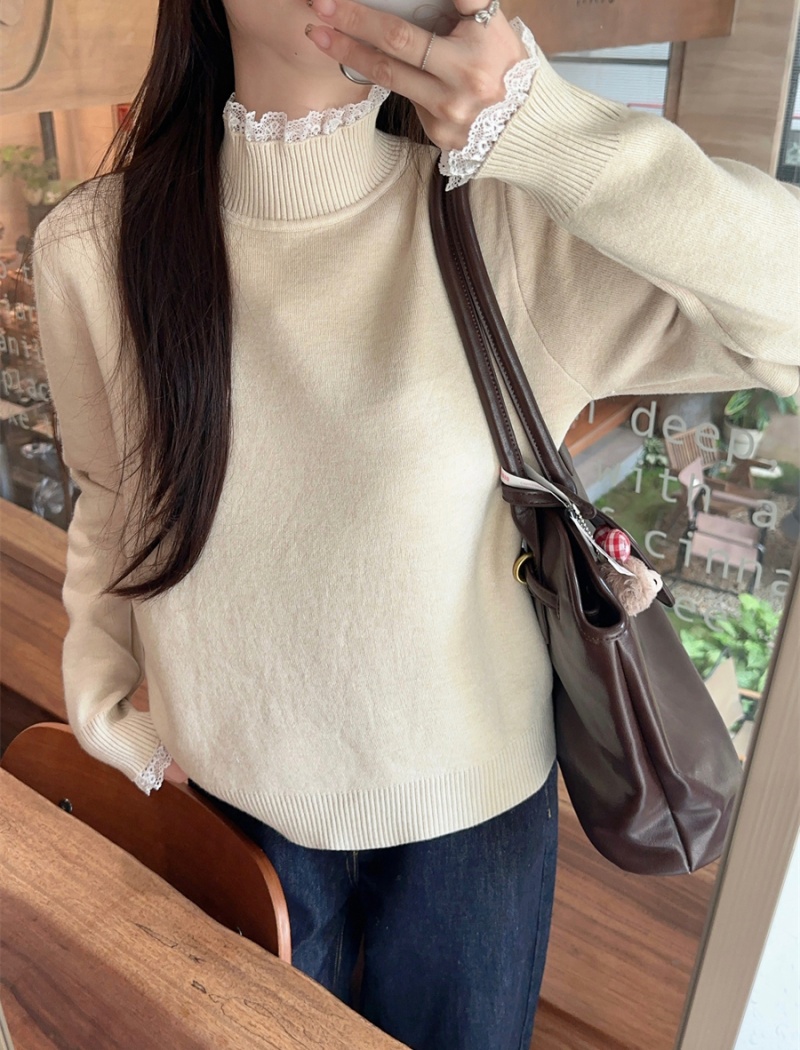 Lace collar knitted tops thermal pit stripe sweater