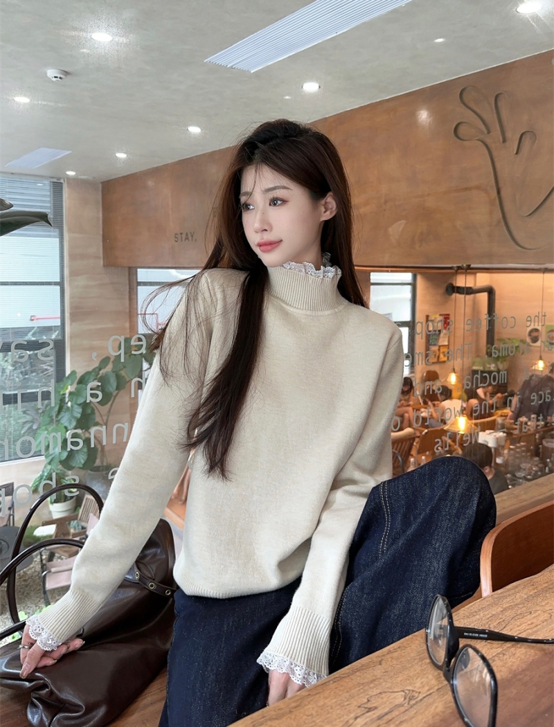 Lace collar knitted tops thermal pit stripe sweater