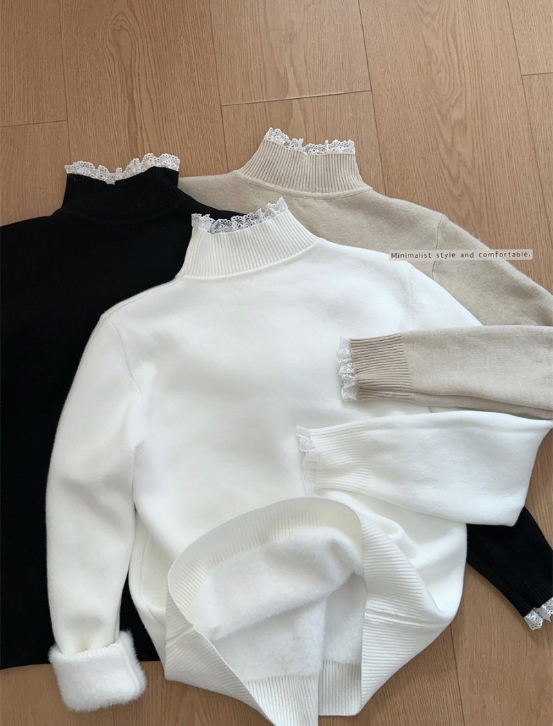 Lace collar knitted tops thermal pit stripe sweater