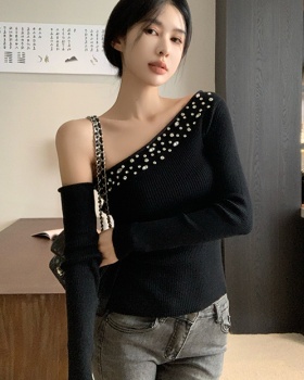 Knitted slim T-shirt irregular strapless tops for women