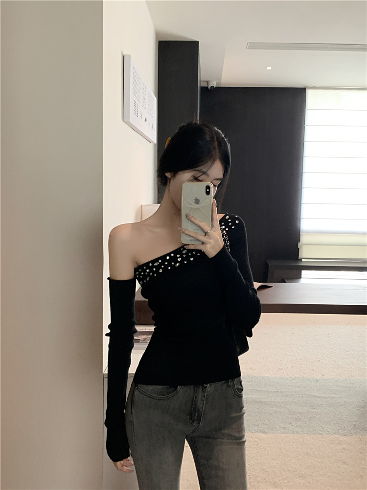 Knitted slim T-shirt irregular strapless tops for women