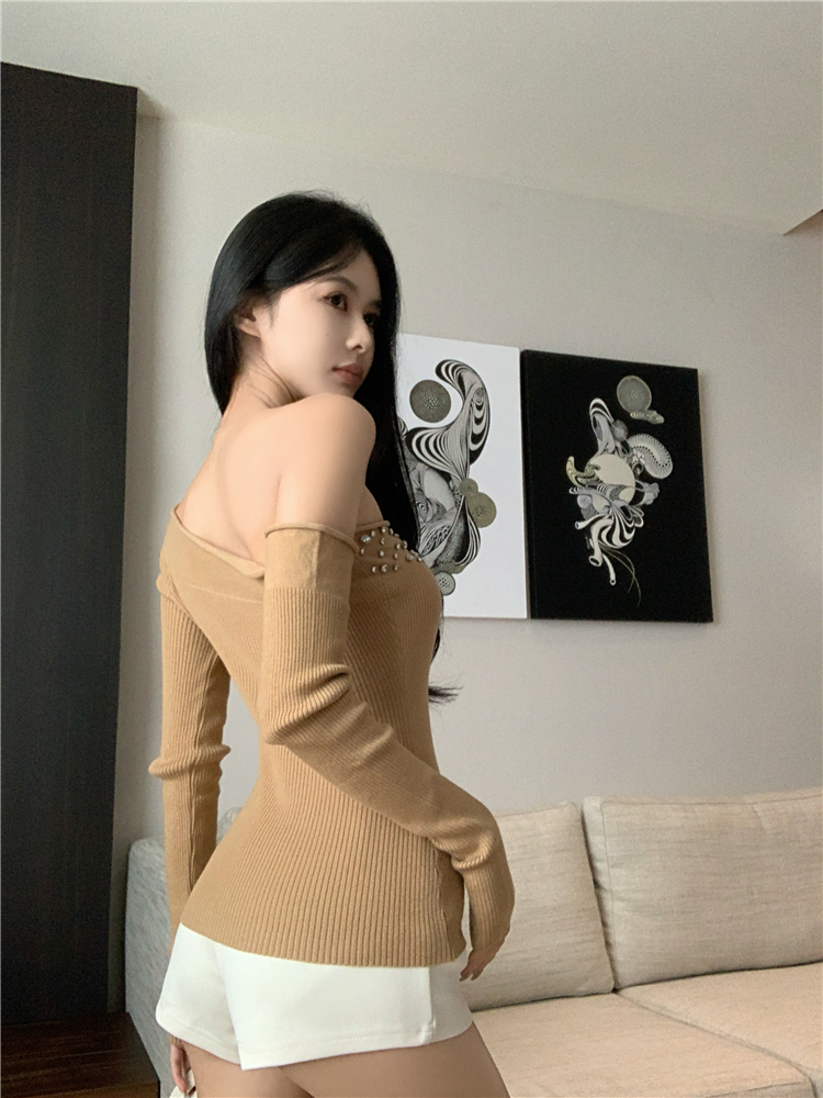 Knitted slim T-shirt irregular strapless tops for women