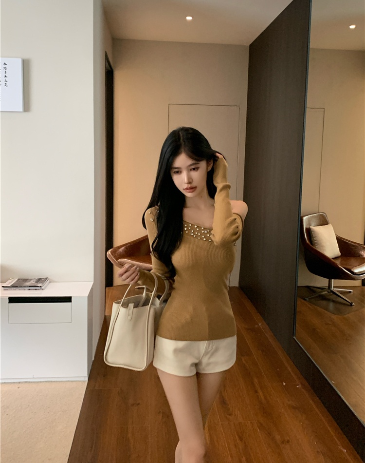 Knitted slim T-shirt irregular strapless tops for women