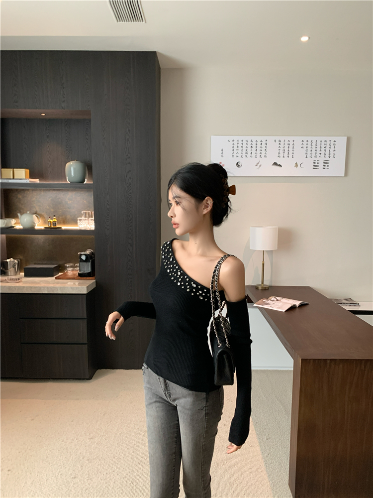 Knitted slim T-shirt irregular strapless tops for women