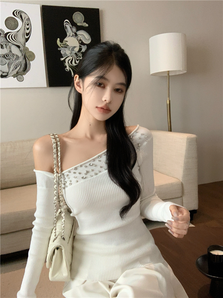 Knitted slim T-shirt irregular strapless tops for women