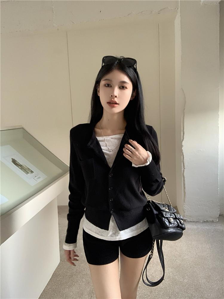 Tight knitted shorts high waist cardigan 2pcs set for women