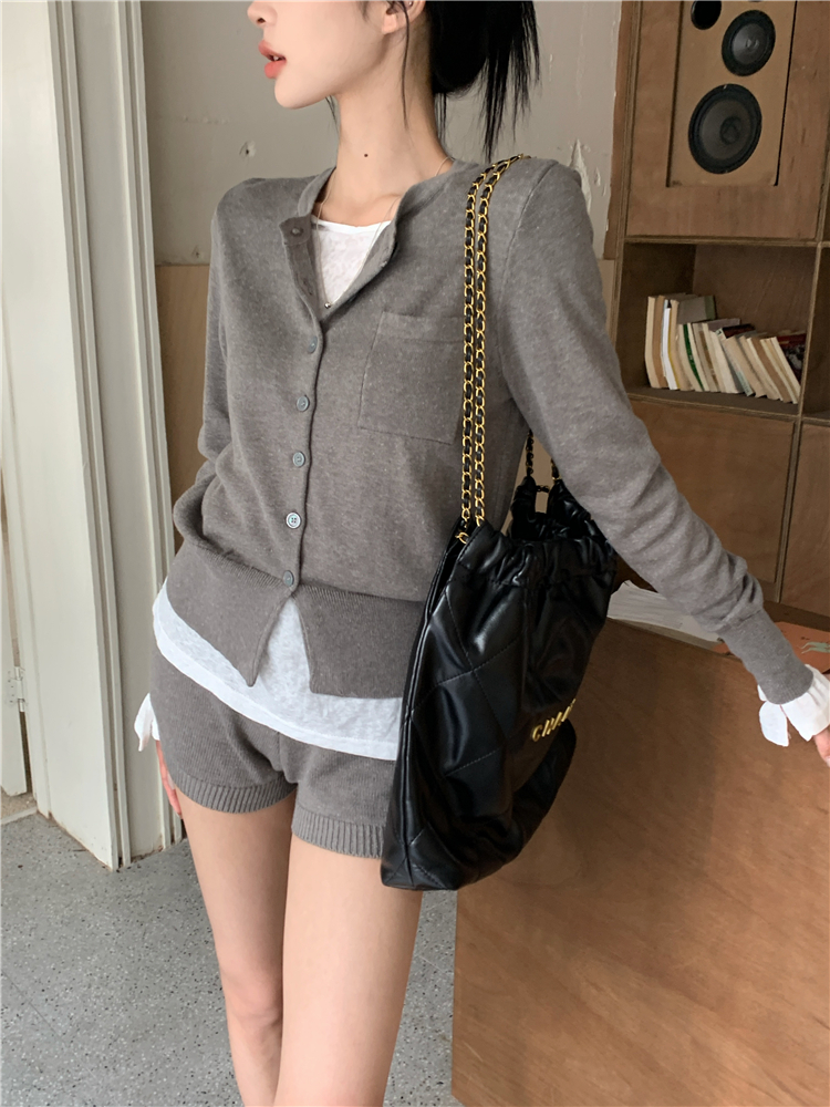 Tight knitted shorts high waist cardigan 2pcs set for women