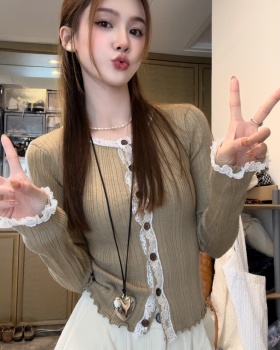 Lace enticement knitted cardigan wood ear long sleeve tops