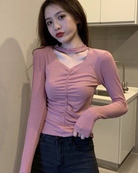 Long sleeve V-neck hollow bottoming shirt fold all-match tops