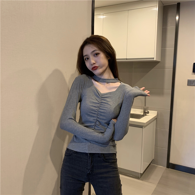 Long sleeve V-neck hollow bottoming shirt fold all-match tops