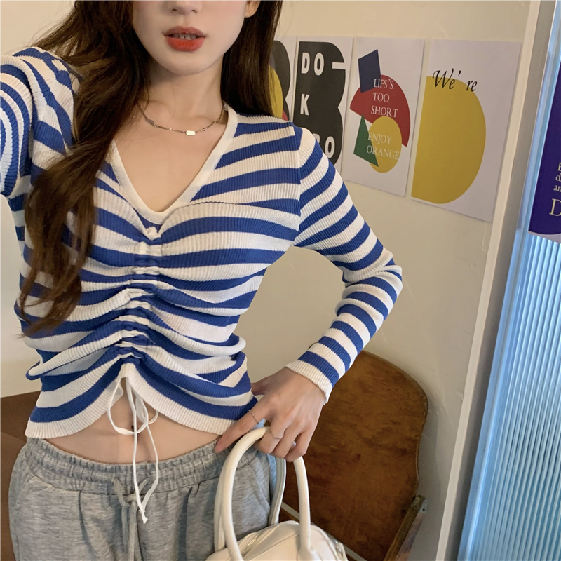 V-neck long sleeve temperament stripe sweater