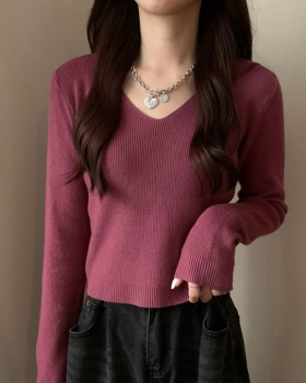 Autumn and winter pure slim tops short V-neck sweater