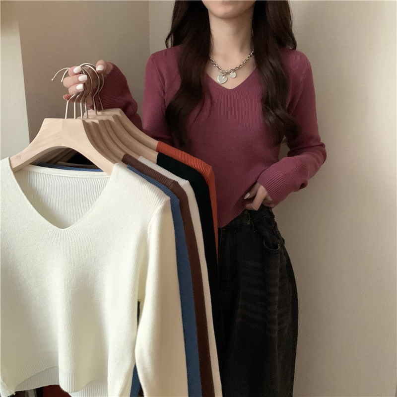 Autumn and winter pure slim tops short V-neck sweater