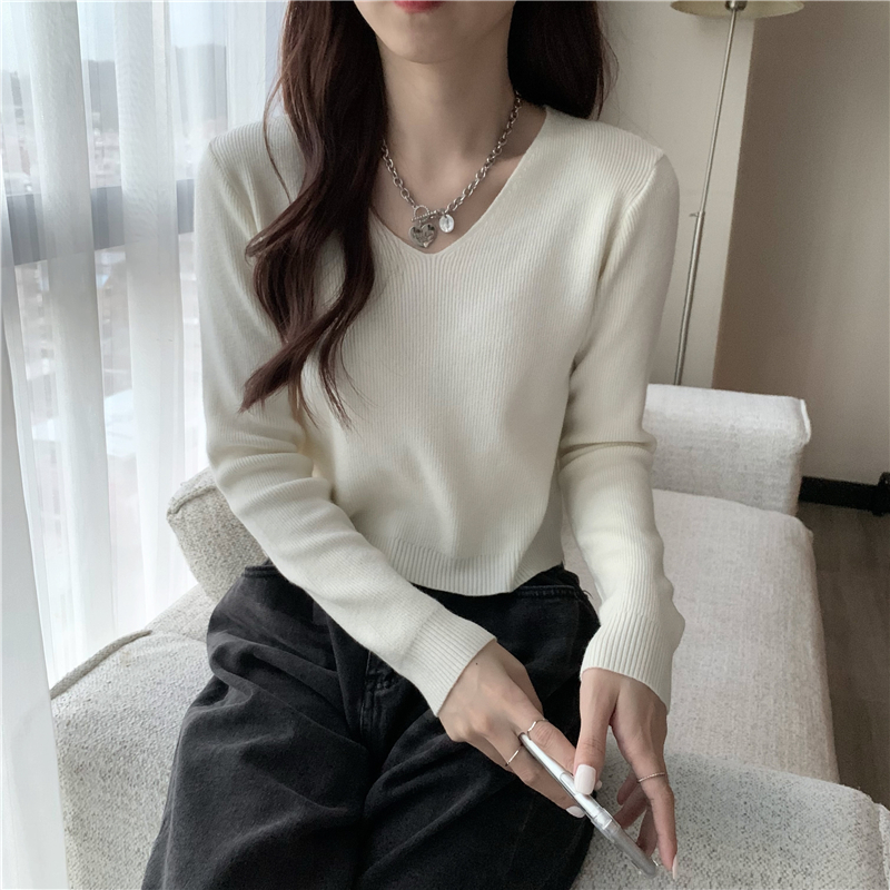 Autumn and winter pure slim tops short V-neck sweater