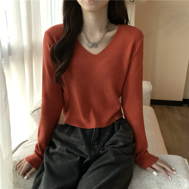 Autumn and winter pure slim tops short V-neck sweater