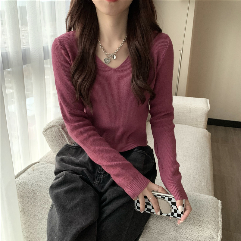 Autumn and winter pure slim tops short V-neck sweater