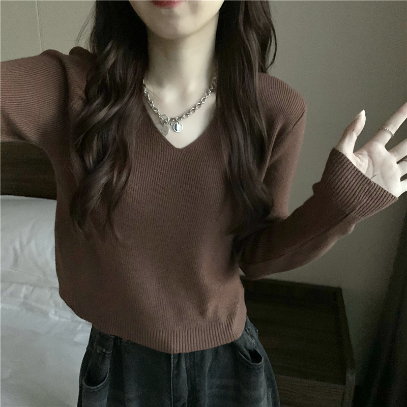 Autumn and winter pure slim tops short V-neck sweater