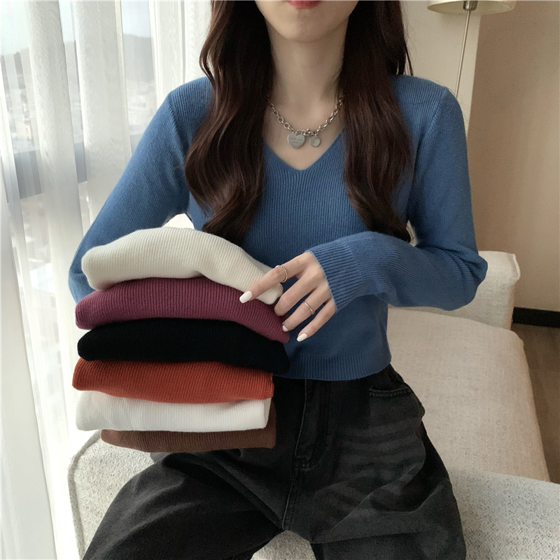 Autumn and winter pure slim tops short V-neck sweater