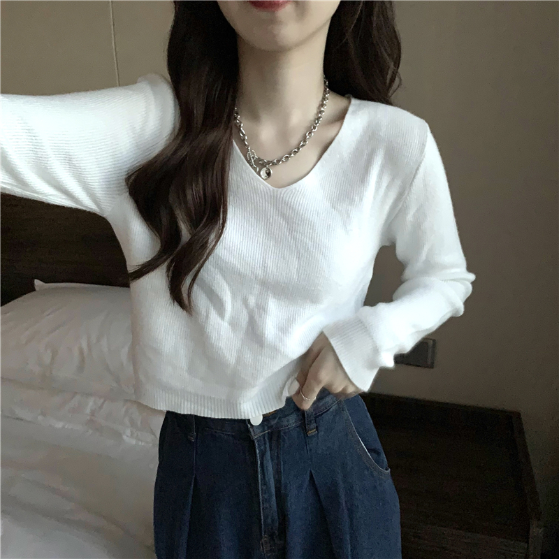 Autumn and winter pure slim tops short V-neck sweater