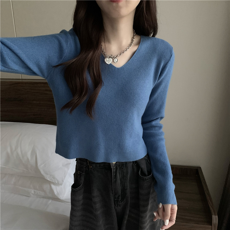 Autumn and winter pure slim tops short V-neck sweater