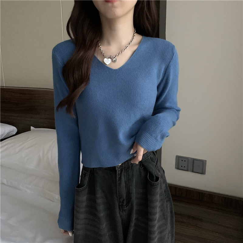 Autumn and winter pure slim tops short V-neck sweater