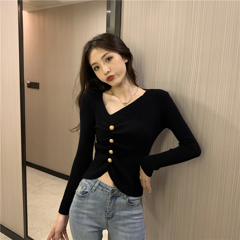 Pinched waist long sleeve tops V-neck slim sweater