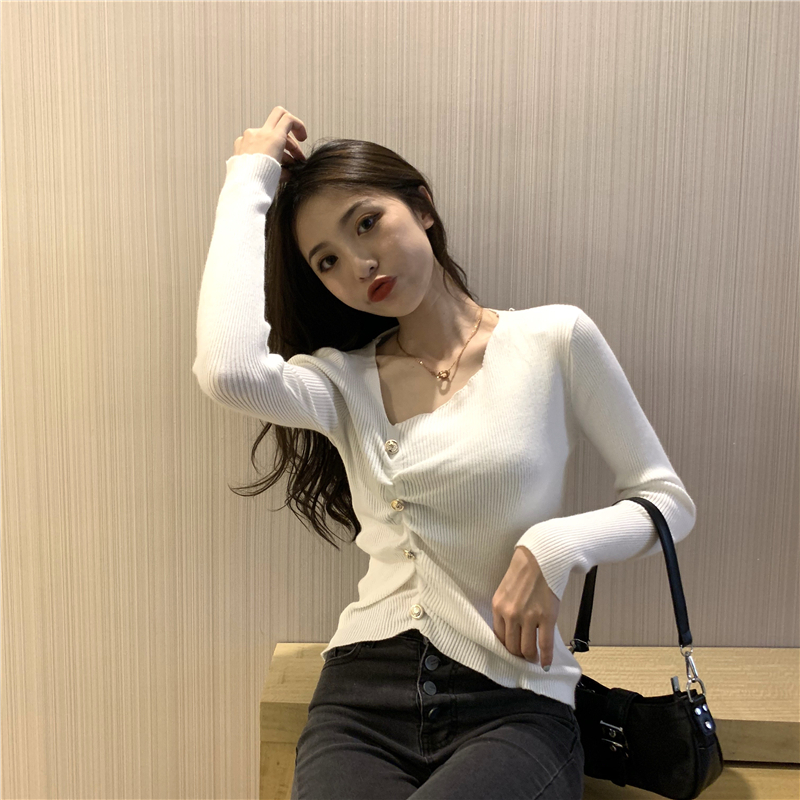 Pinched waist long sleeve tops V-neck slim sweater