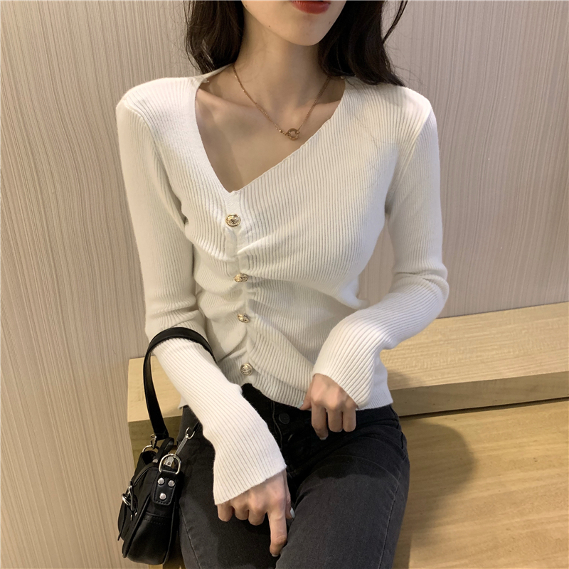 Pinched waist long sleeve tops V-neck slim sweater