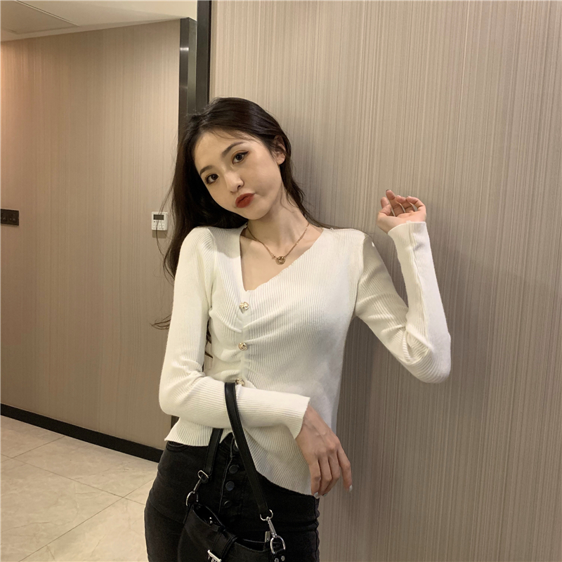 Pinched waist long sleeve tops V-neck slim sweater