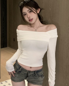 Strapless Korean style T-shirt autumn oblique collar tops