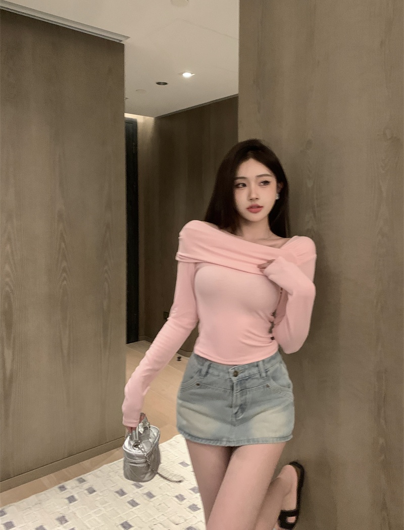 Strapless Korean style T-shirt autumn oblique collar tops