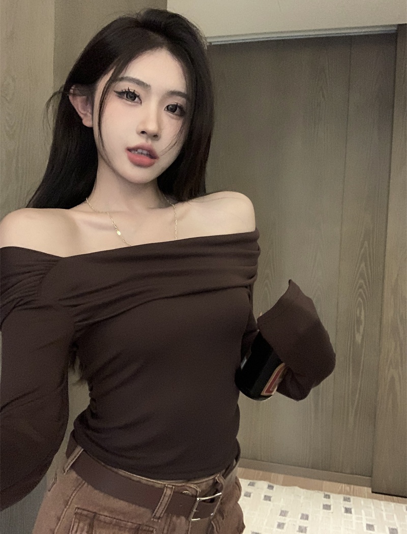 Strapless Korean style T-shirt autumn oblique collar tops