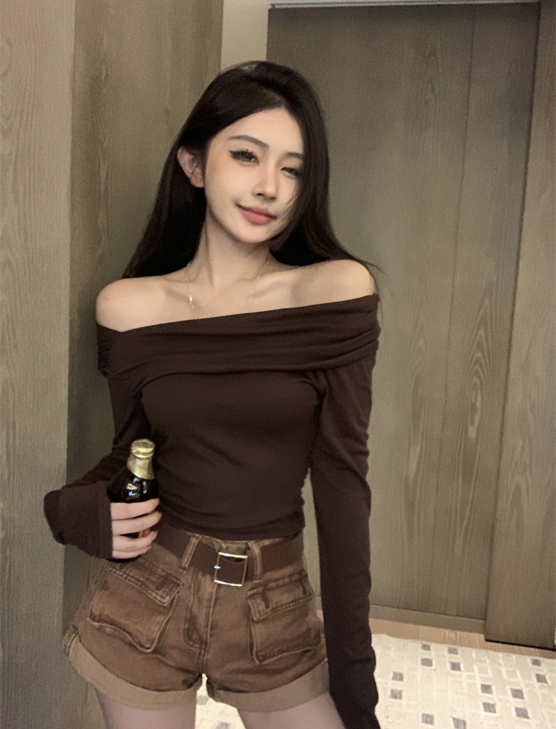 Strapless Korean style T-shirt autumn oblique collar tops