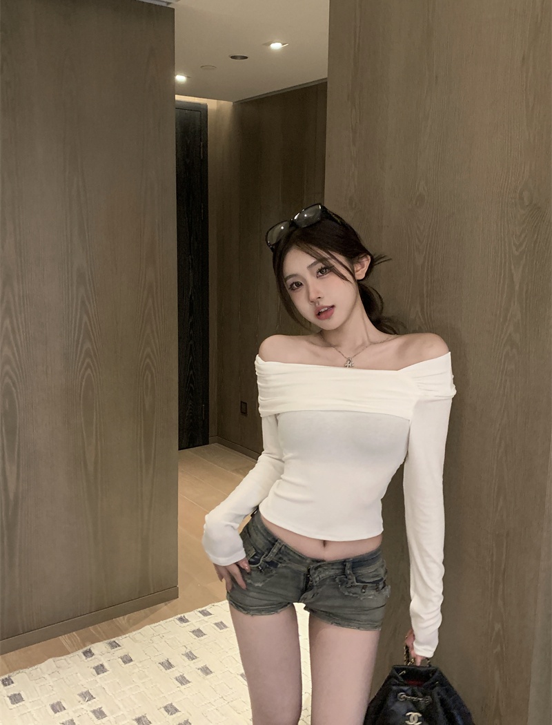 Strapless Korean style T-shirt autumn oblique collar tops