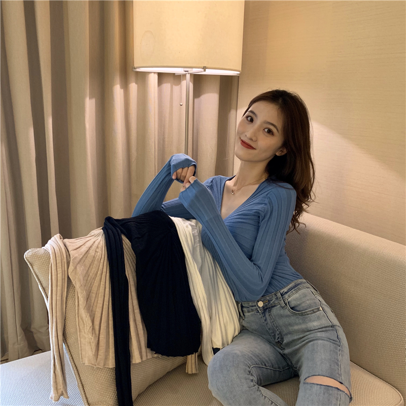 V-neck bottoming slim tops long sleeve fold pure sweater