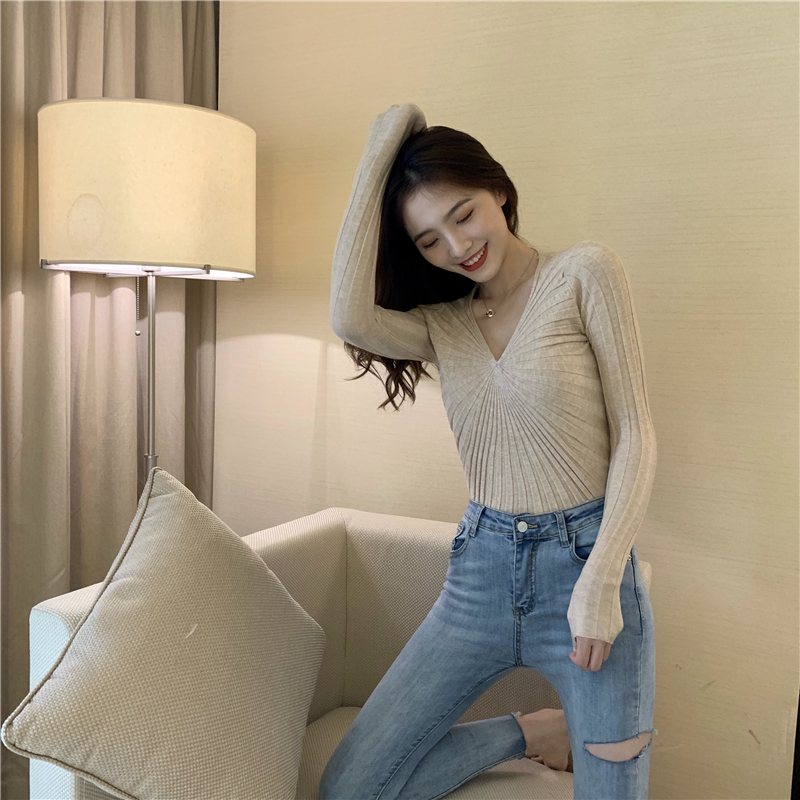 V-neck bottoming slim tops long sleeve fold pure sweater