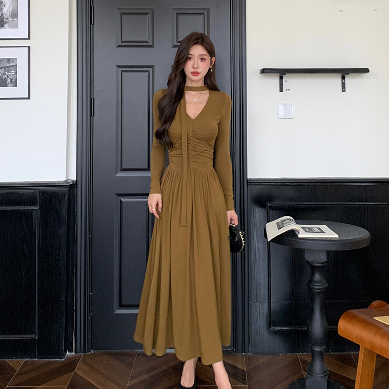 Streamer slim dress fold A-line long dress for women