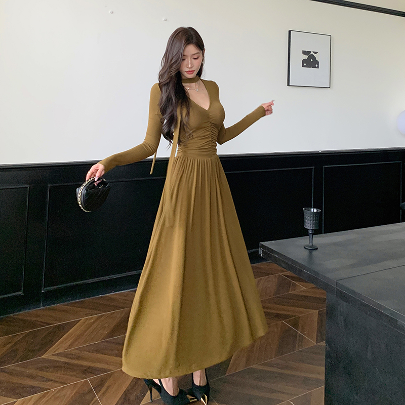 Streamer slim dress fold A-line long dress for women