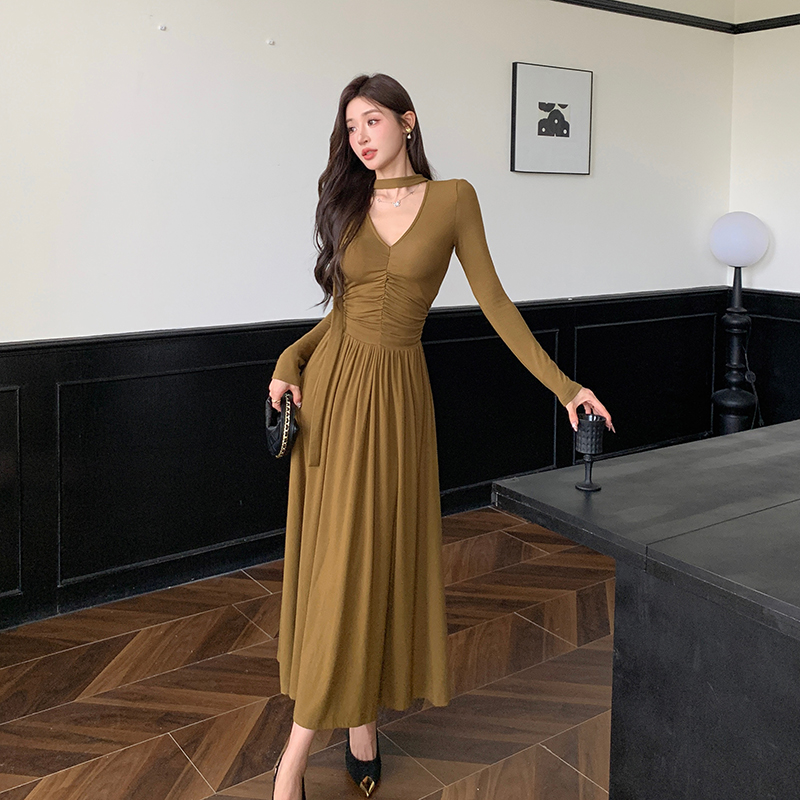 Streamer slim dress fold A-line long dress for women