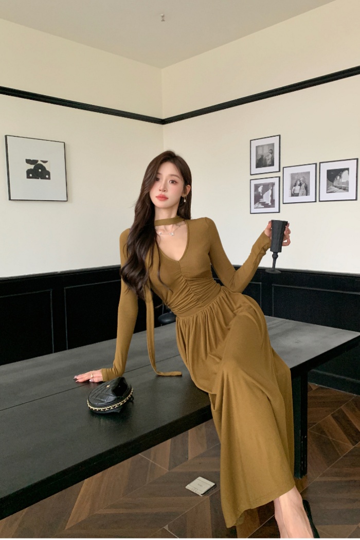 Streamer slim dress fold A-line long dress for women