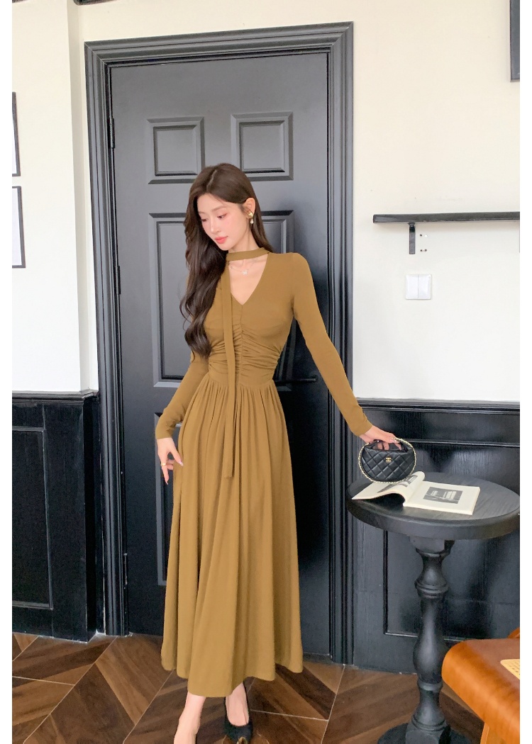 Streamer slim dress fold A-line long dress for women