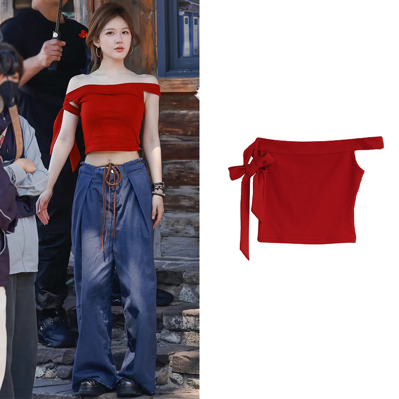 Flat shoulder slim blue tops frenum red jeans for women