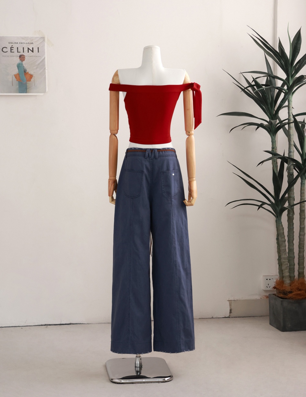 Flat shoulder slim blue tops frenum red jeans for women