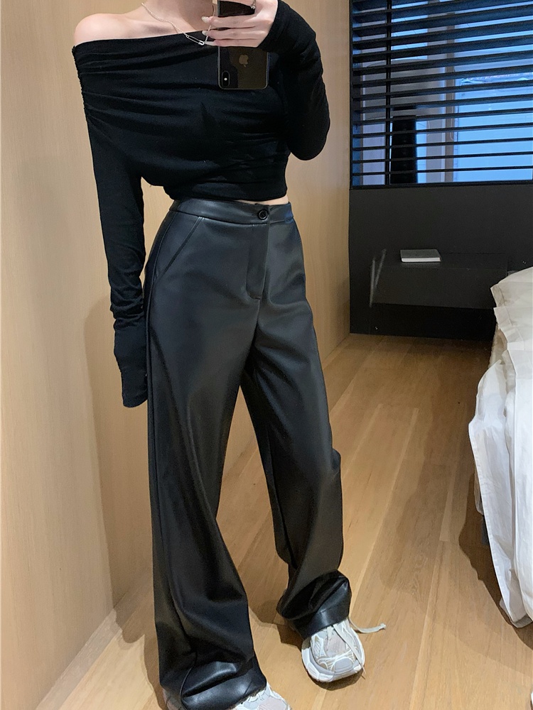 Mopping PU pants straight pants wide leg pants for women