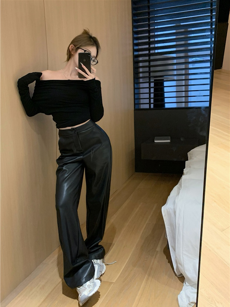 Mopping PU pants straight pants wide leg pants for women