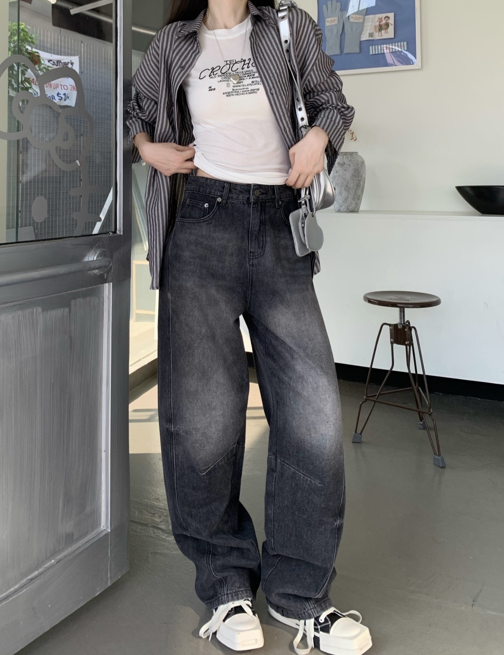 Washed deep color jeans Casual low-waist long pants for women